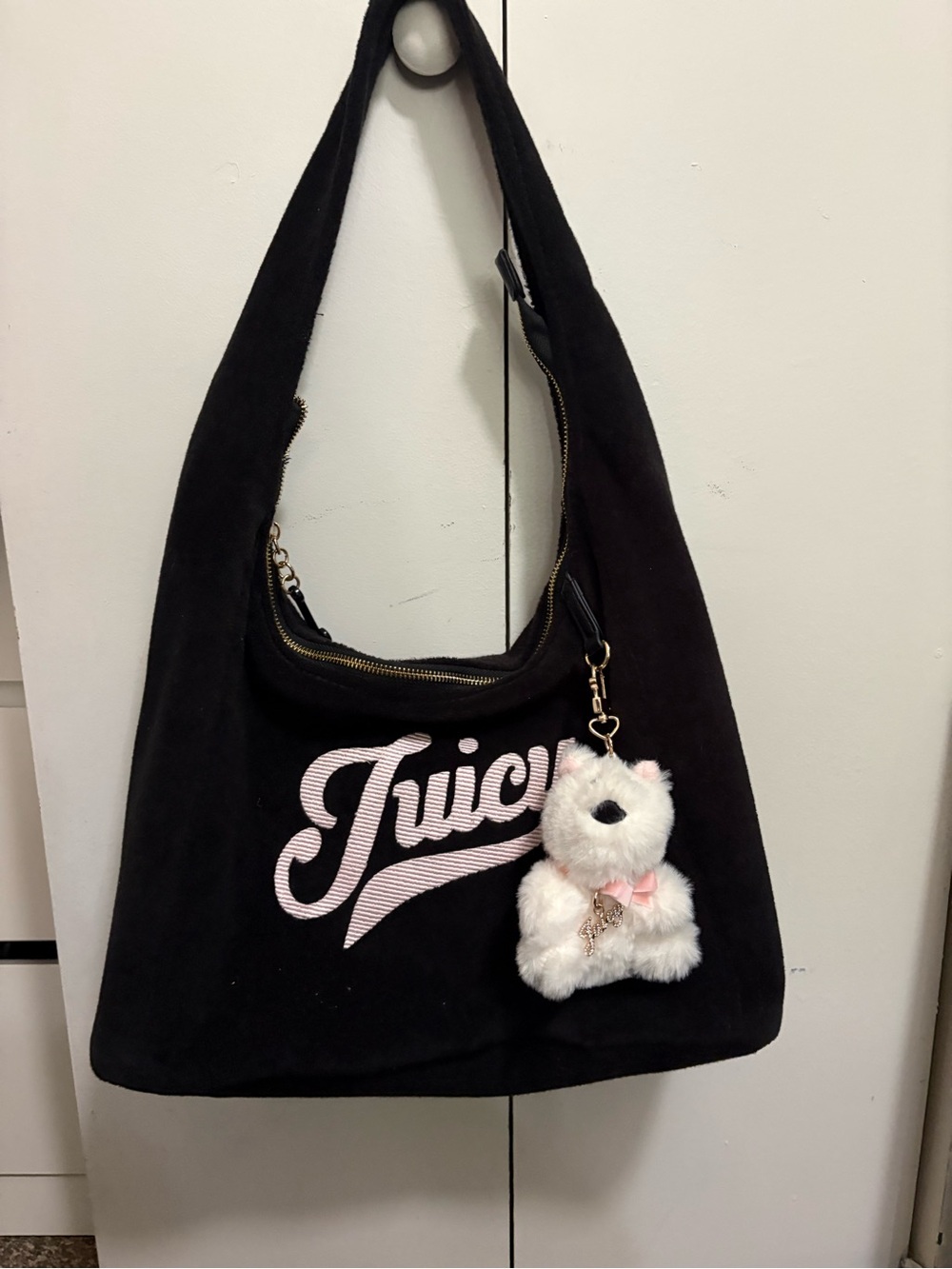 Juicy Couture Black Shoulder Hobo Bag with Pink Script and White Bear Charm